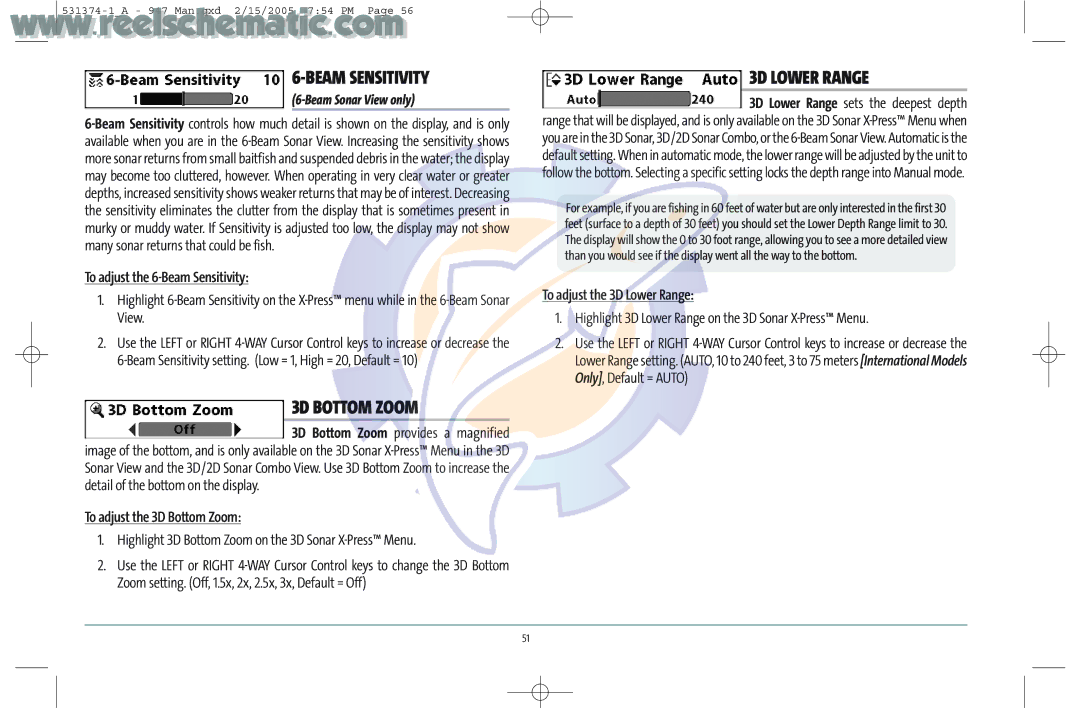 Humminbird 531374-1_A manual Beam Sensitivity, 3D Bottom Zoom, 3D Lower Range 