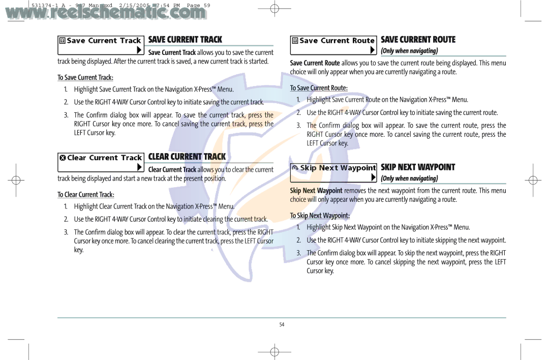 Humminbird 531374-1_A manual Save Current Track, Clear Current Track, Save Current Route, Skip Next Waypoint 