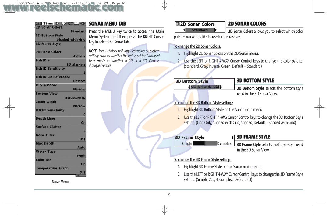 Humminbird 531374-1_A manual Sonar Menu TAB, 2D Sonar Colors, 3D Bottom Style, 3D Frame Style 