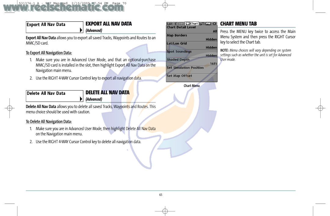 Humminbird 531374-1_A manual Export ALL NAV Data, Delete ALL NAV Data, Chart Menu TAB, To Export All Navigation Data 