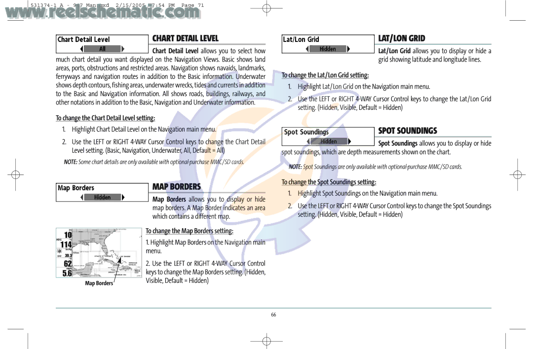 Humminbird 531374-1_A manual Chart Detail Level, MAP Borders, LAT/LON Grid, Spot Soundings 