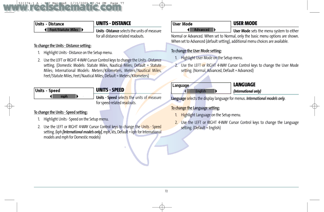 Humminbird 531374-1_A manual Units Distance, Units Speed, User Mode, Language 