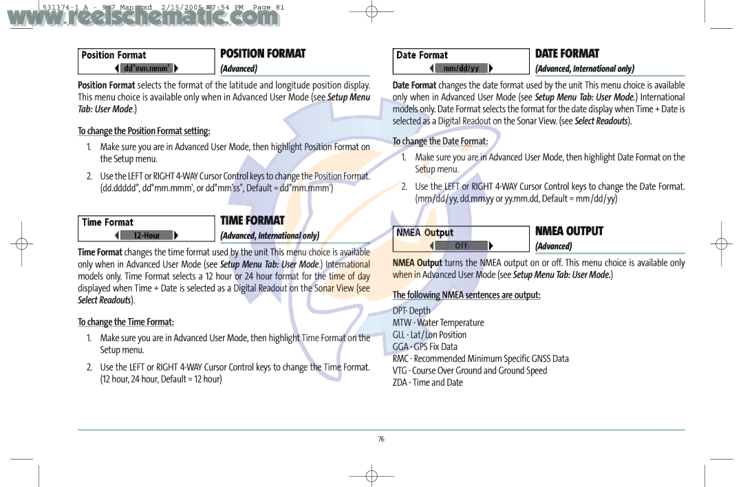 Humminbird 531374-1_A manual Position Format, Time Format, Date Format, Nmea Output 