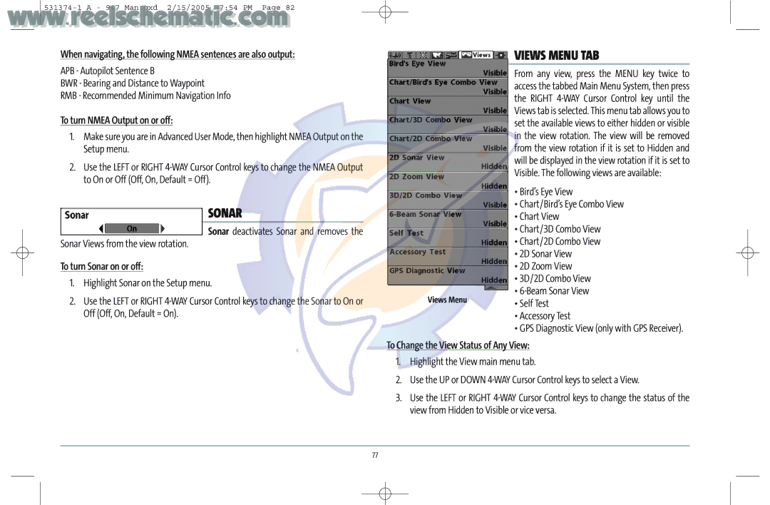 Humminbird 531374-1_A manual Views Menu TAB, To turn Nmea Output on or off, To turn Sonar on or off 