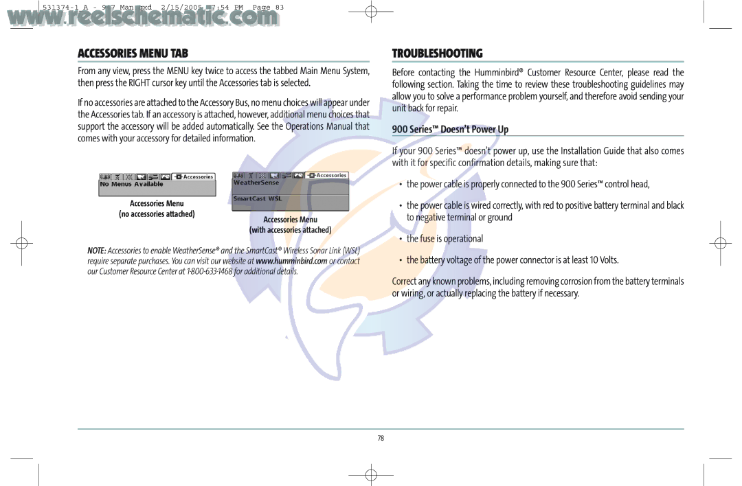 Humminbird 531374-1_A manual Accessories Menu TAB, Troubleshooting, Series Doesn’t Power Up 