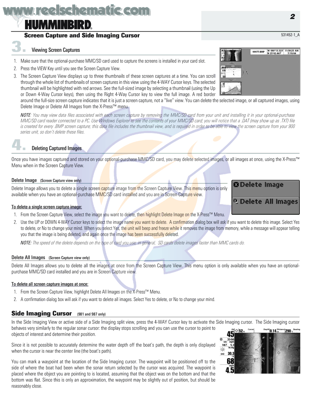 Humminbird 531452-1_A manual Side Imaging Cursor 981 and 987 only, Deleting Captured Images 