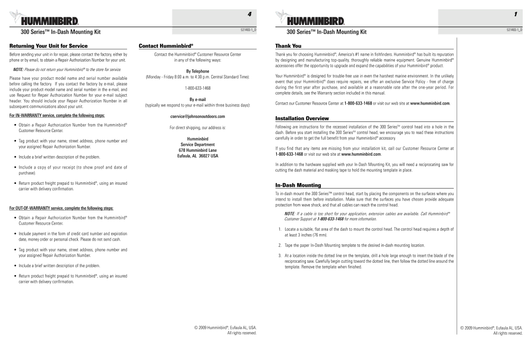 Humminbird 531483-1_D warranty Returning Your Unit for Service, Contact Humminbird, Thank You, Installation Overview 