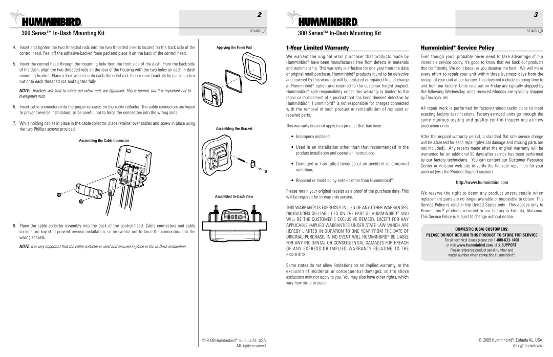 Humminbird 531483-1_D warranty Year Limited Warranty, Humminbird Service Policy, Domestic USA Customers 