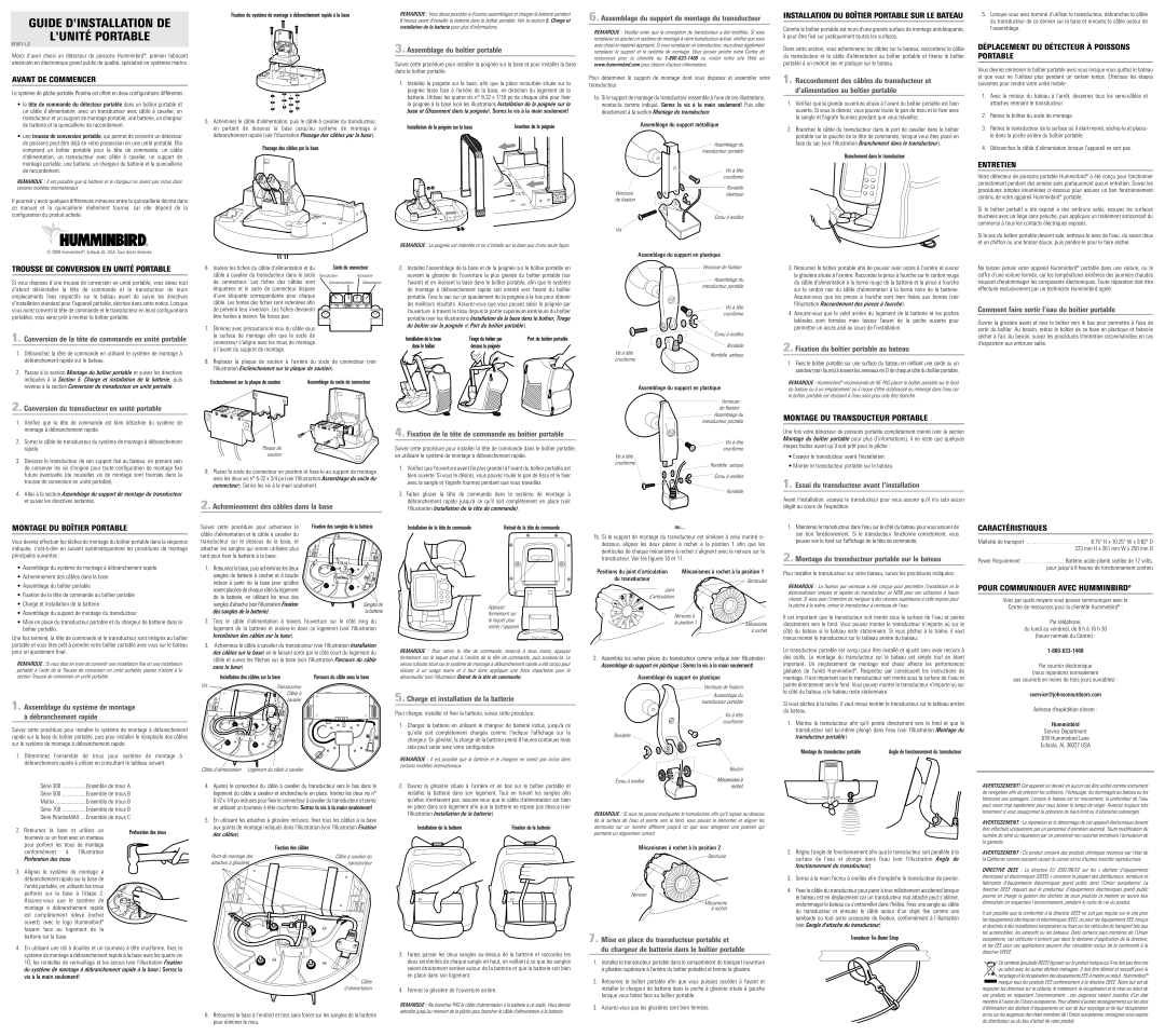 Humminbird 531571-1_C Avant DE Commencer, Déplacement DU Détecteur À Poissons Portable, Entretien, Caractéristiques 