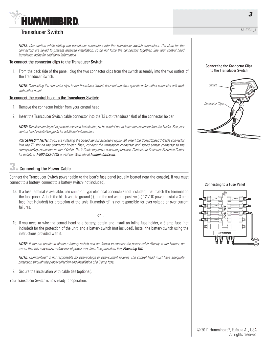 Humminbird 531870-1_A warranty Connecting the Power Cable, To connect the connector clips to the Transducer Switch 