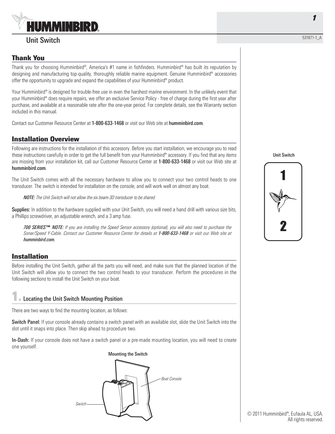 Humminbird 531871-1_A warranty Locating the Unit Switch Mounting Position, Mounting the Switch 