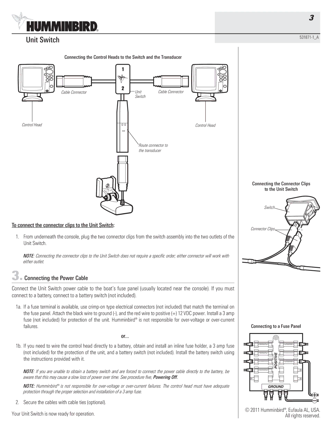 Humminbird 531871-1_A Connecting the Power Cable, To connect the connector clips to the Unit Switch, To the Unit Switch 