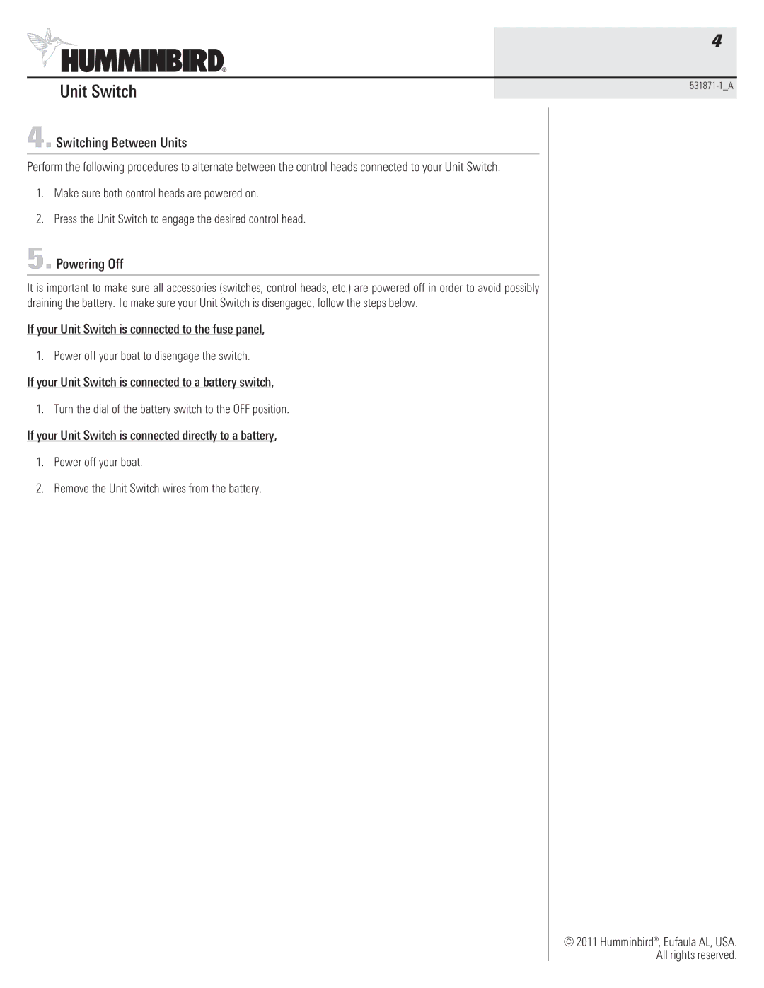 Humminbird 531871-1_A warranty Switching Between Units, Powering Off, If your Unit Switch is connected to the fuse panel 