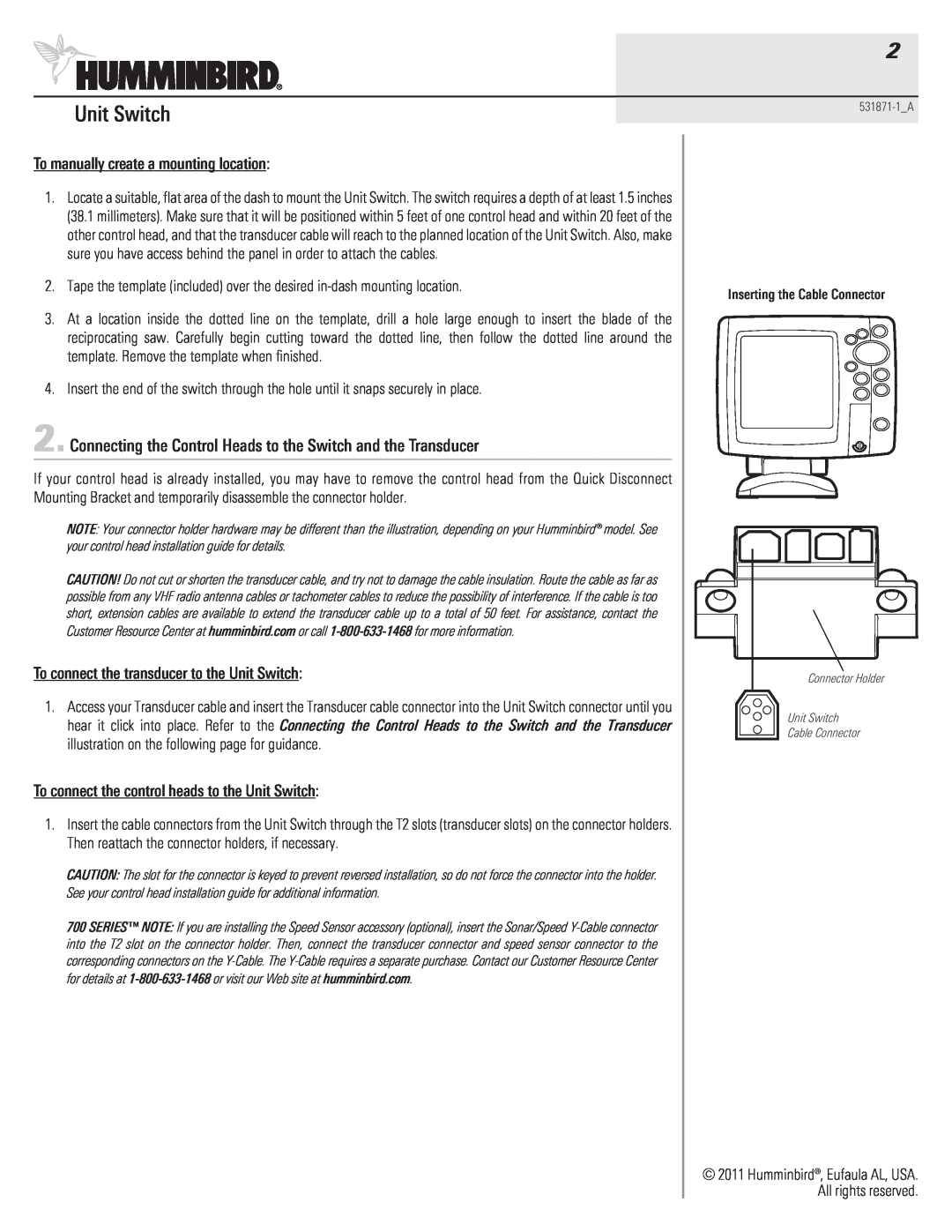 Humminbird 531871-1_A warranty Connecting the Control Heads to the Switch and the Transducer, Unit Switch 