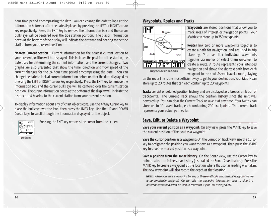 Humminbird 65, 55 manual Waypoints, Routes and Tracks, Save, Edit, or Delete a Waypoint 