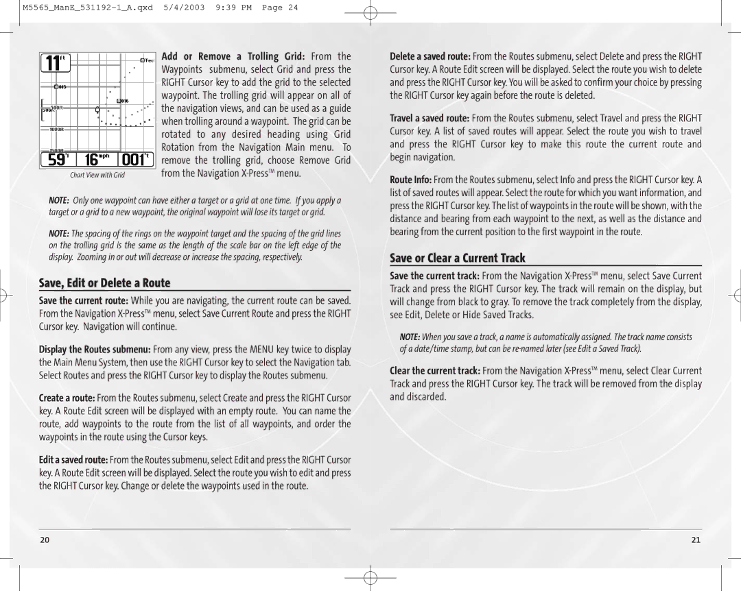 Humminbird 65, 55 manual Save, Edit or Delete a Route, Save or Clear a Current Track 