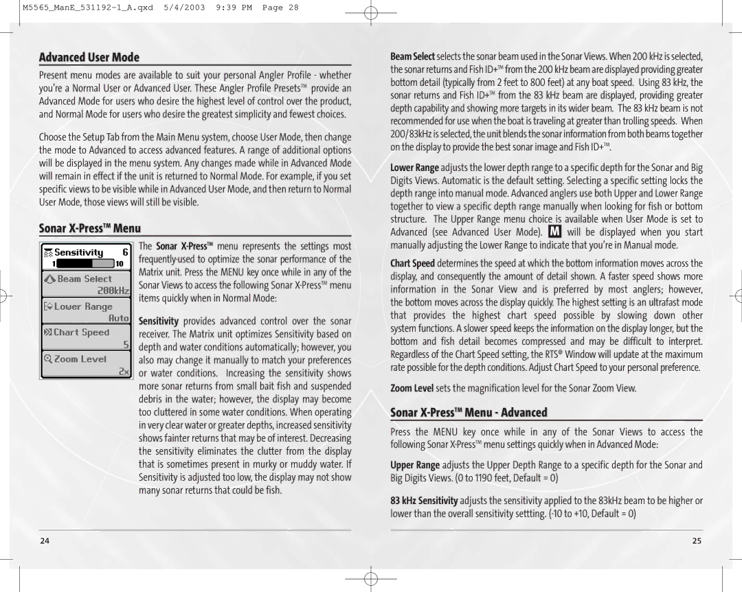 Humminbird 65, 55 manual Advanced User Mode, Sonar X-PressTTMMenu Advanced 