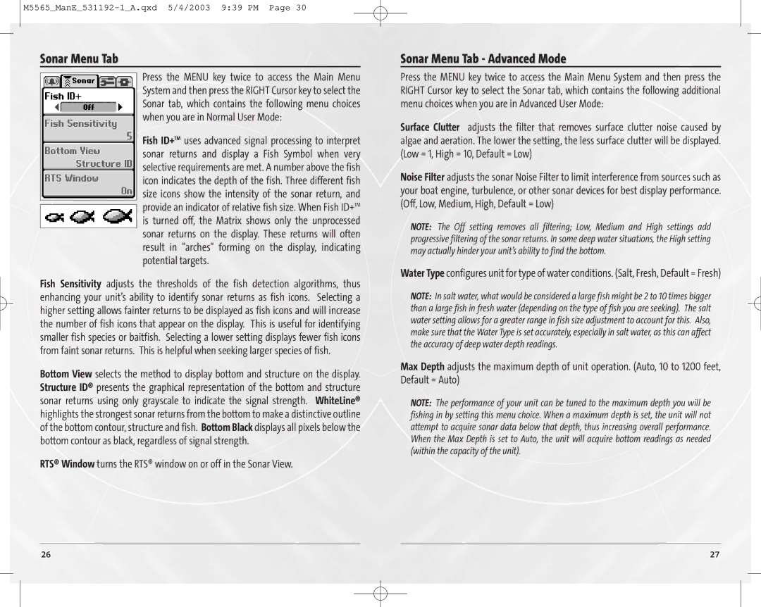 Humminbird 55, 65 manual Sonar Menu Tab Advanced Mode 