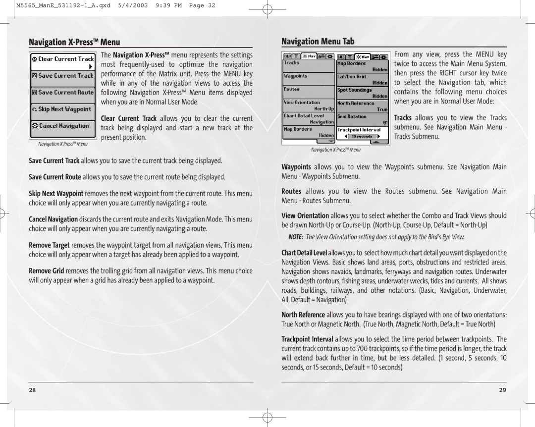 Humminbird 65, 55 manual Navigation X-PressTTMMenu, Navigation Menu Tab 