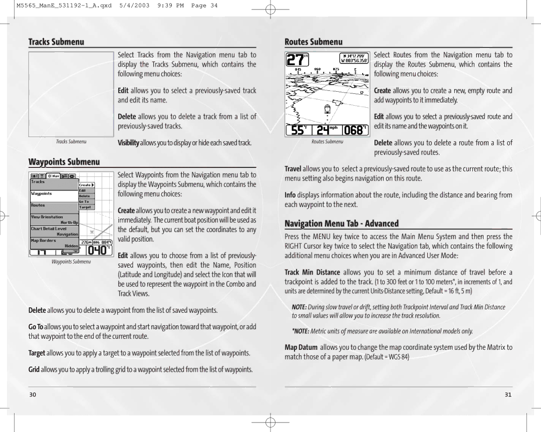 Humminbird 55, 65 manual Tracks Submenu, Waypoints Submenu, Routes Submenu, Navigation Menu Tab Advanced 