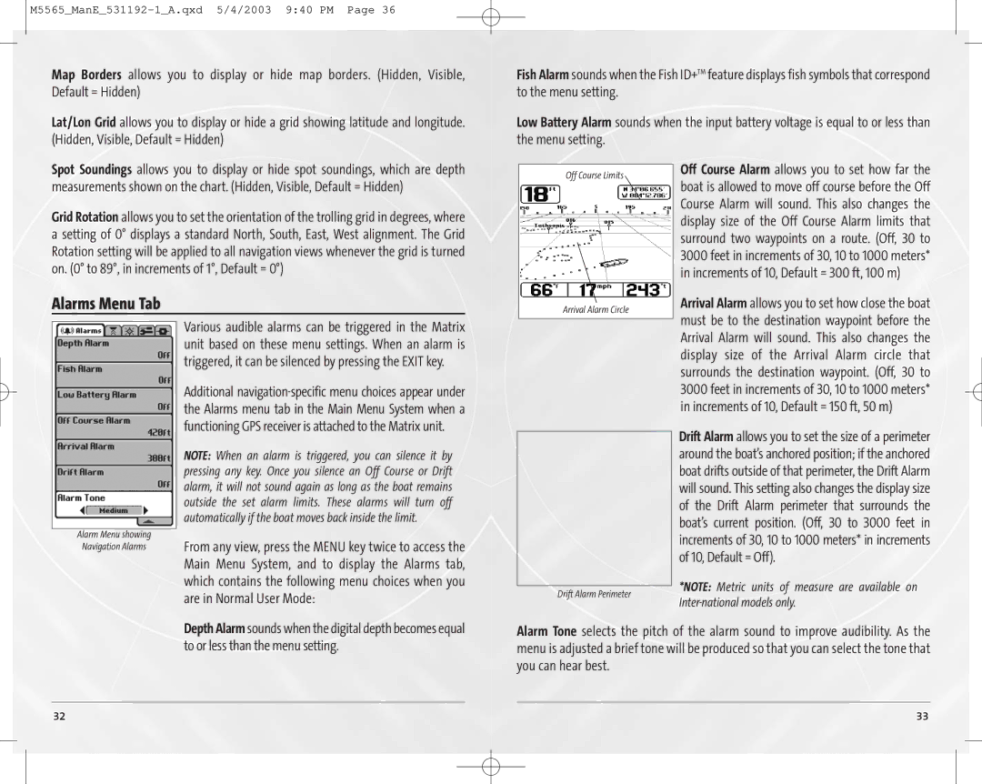 Humminbird 65, 55 manual Alarms Menu Tab 