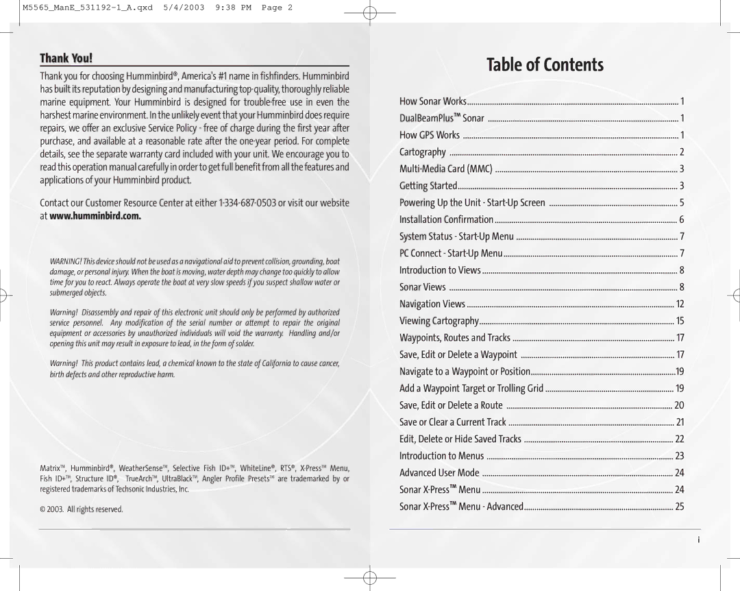 Humminbird 55, 65 manual Table of Contents 