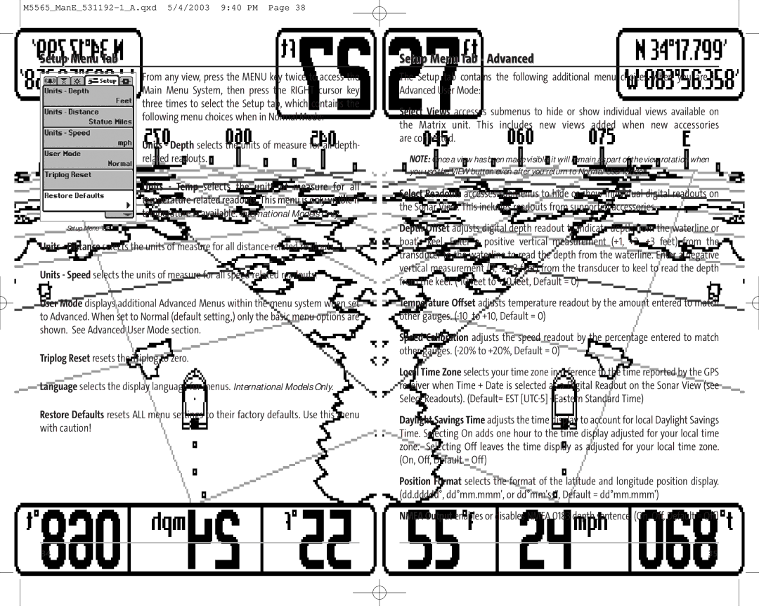 Humminbird 55, 65 manual Setup Menu Tab Advanced 