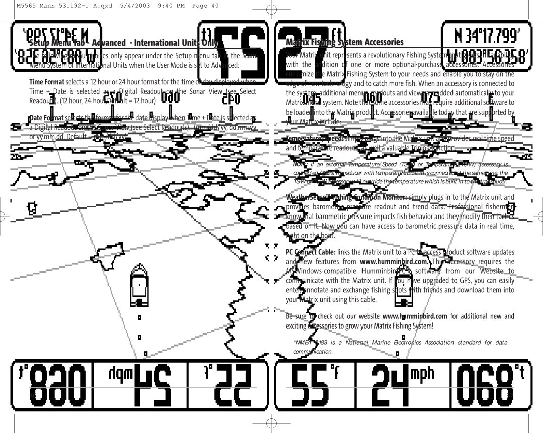 Humminbird 65, 55 manual Setup Menu Tab Advanced International Units Only, Matrix Fishing System Accessories 