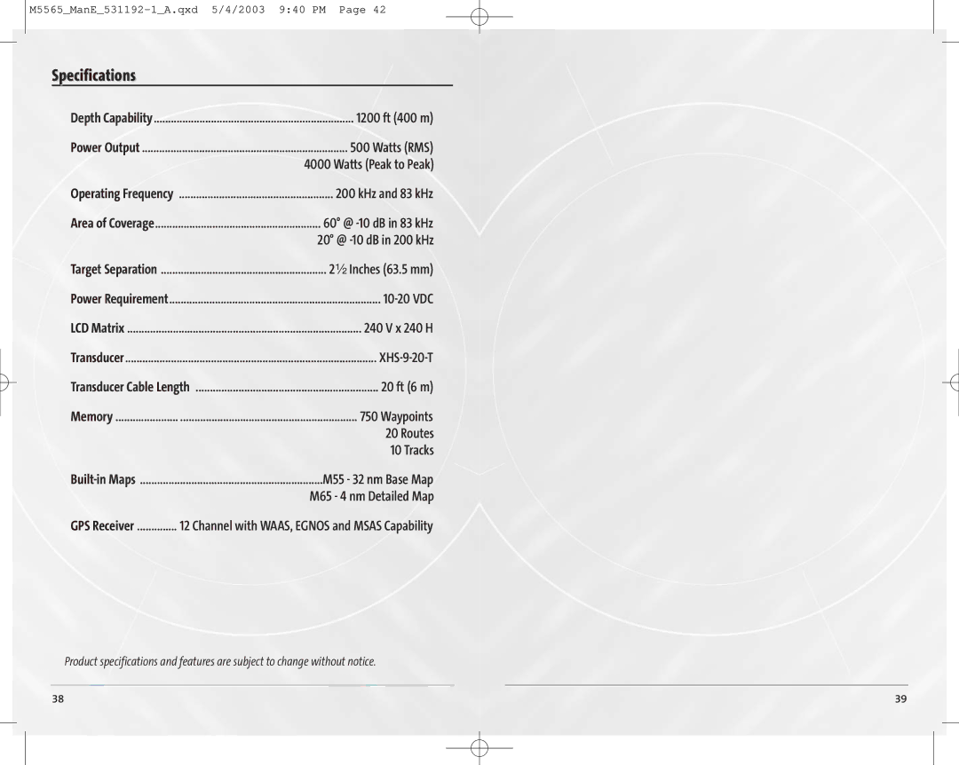 Humminbird 55 manual Specifications, M65 4 nm Detailed Map 