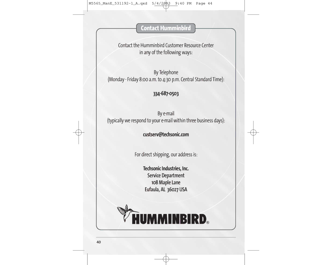 Humminbird 65, 55 manual --, Custserv@techsonic.com 