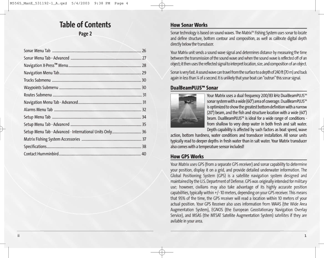 Humminbird 65, 55 manual Table of Contents 