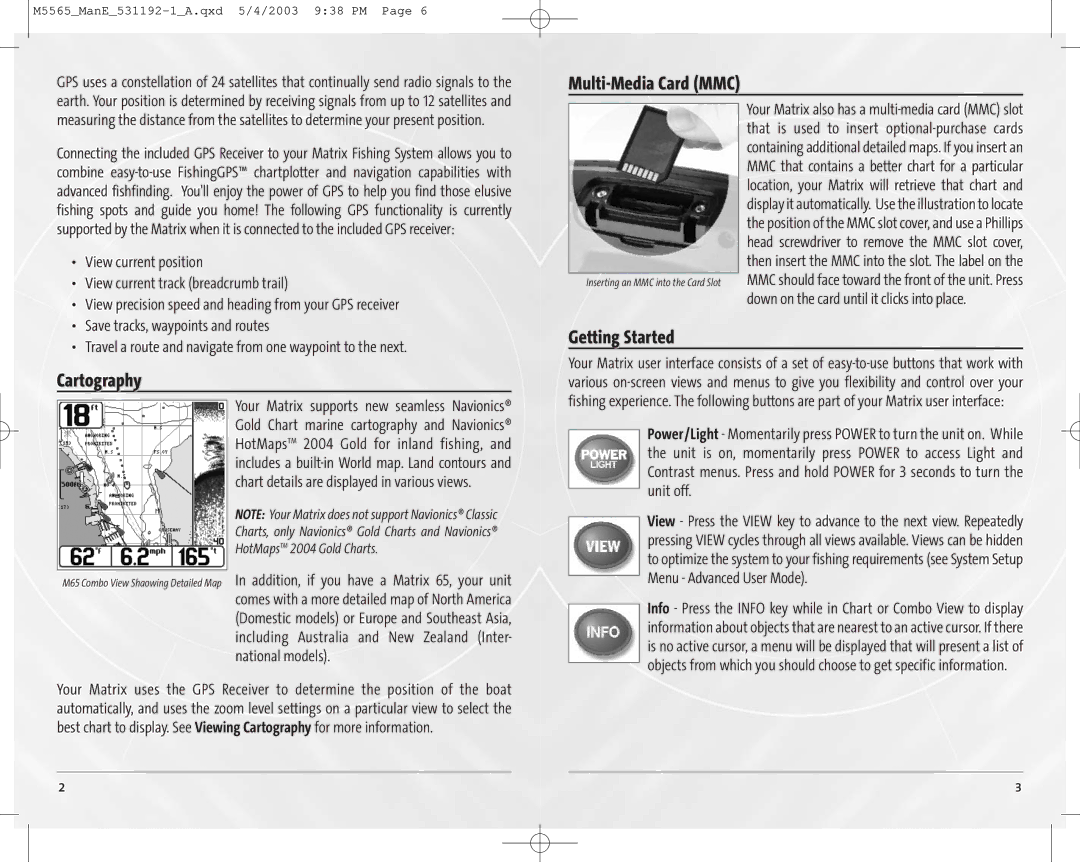 Humminbird 55, 65 manual Cartography, Multi-Media Card MMC, Getting Started 