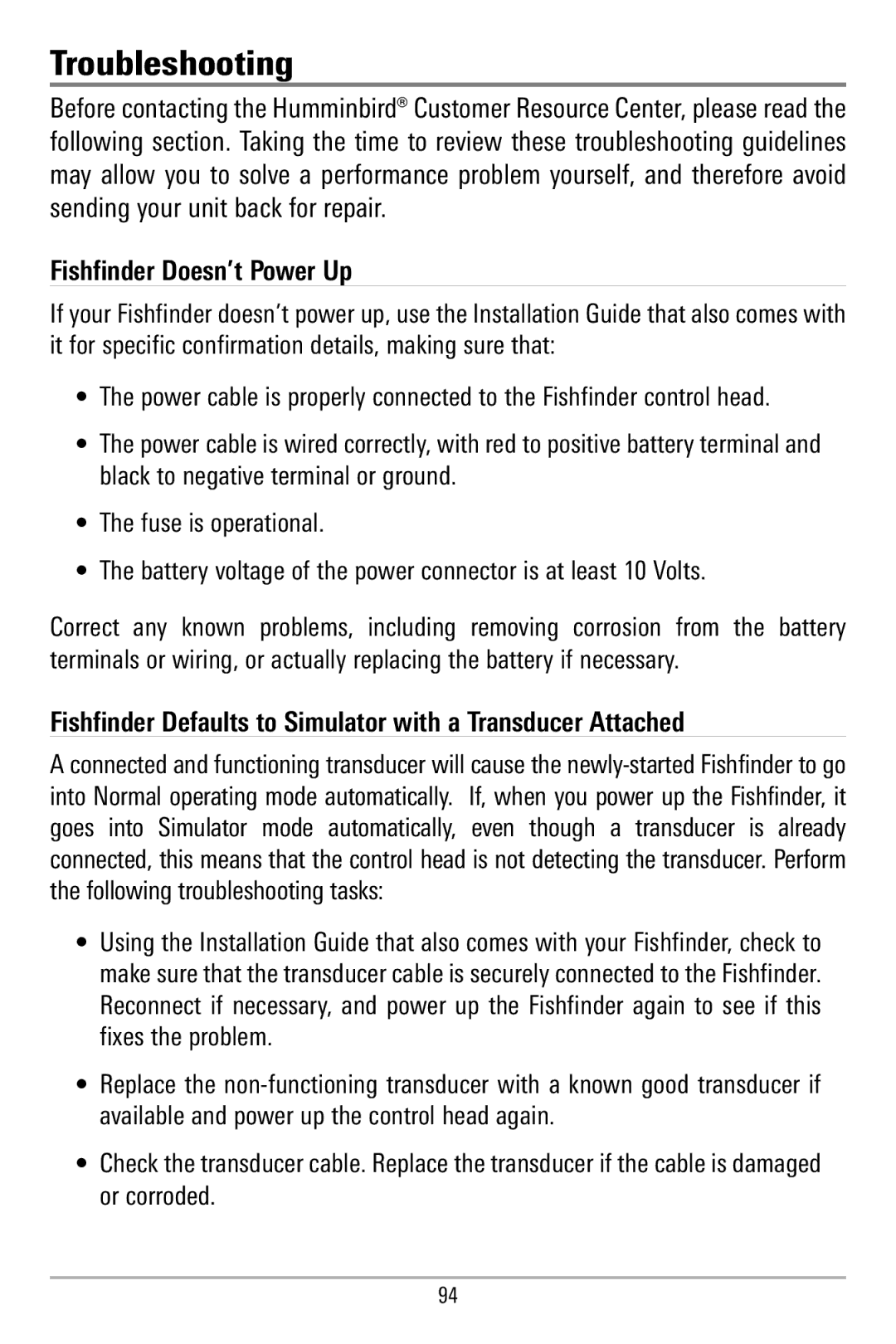 Humminbird 580 manual Troubleshooting, Fishfinder Doesn’t Power Up 