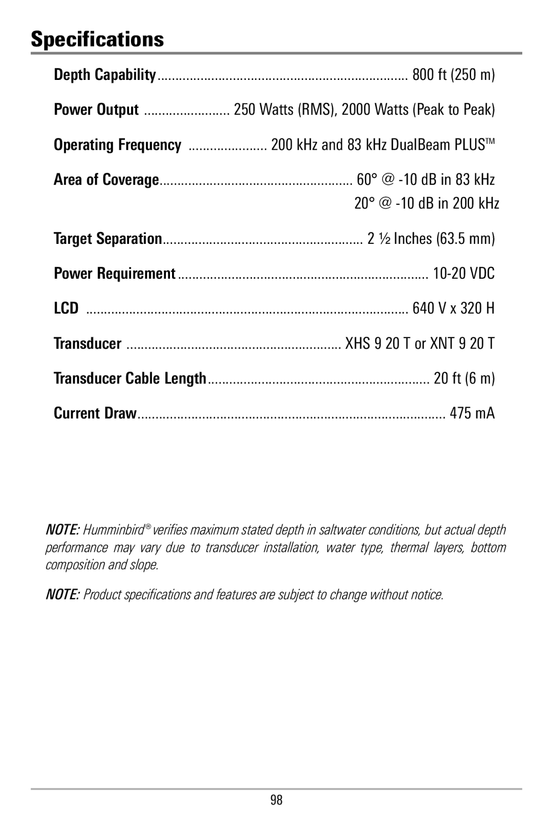 Humminbird 580 manual Specifications 