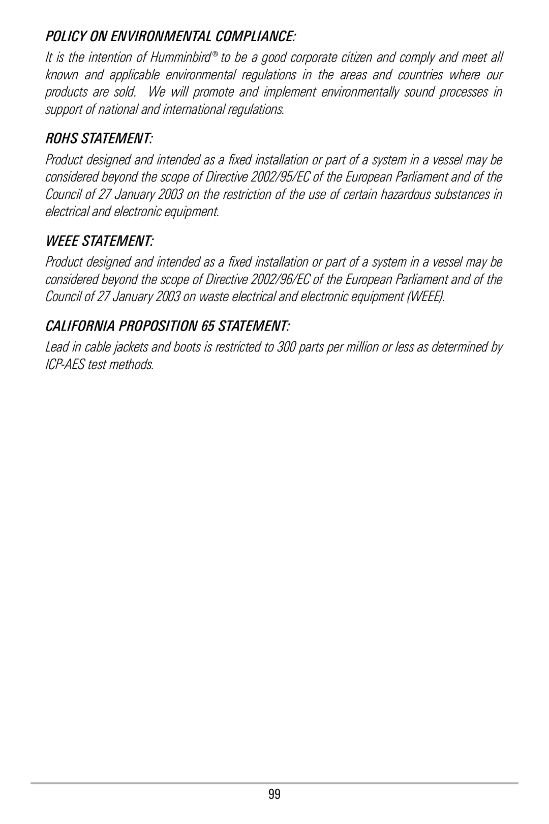 Humminbird 580 manual Policy on Environmental Compliance 