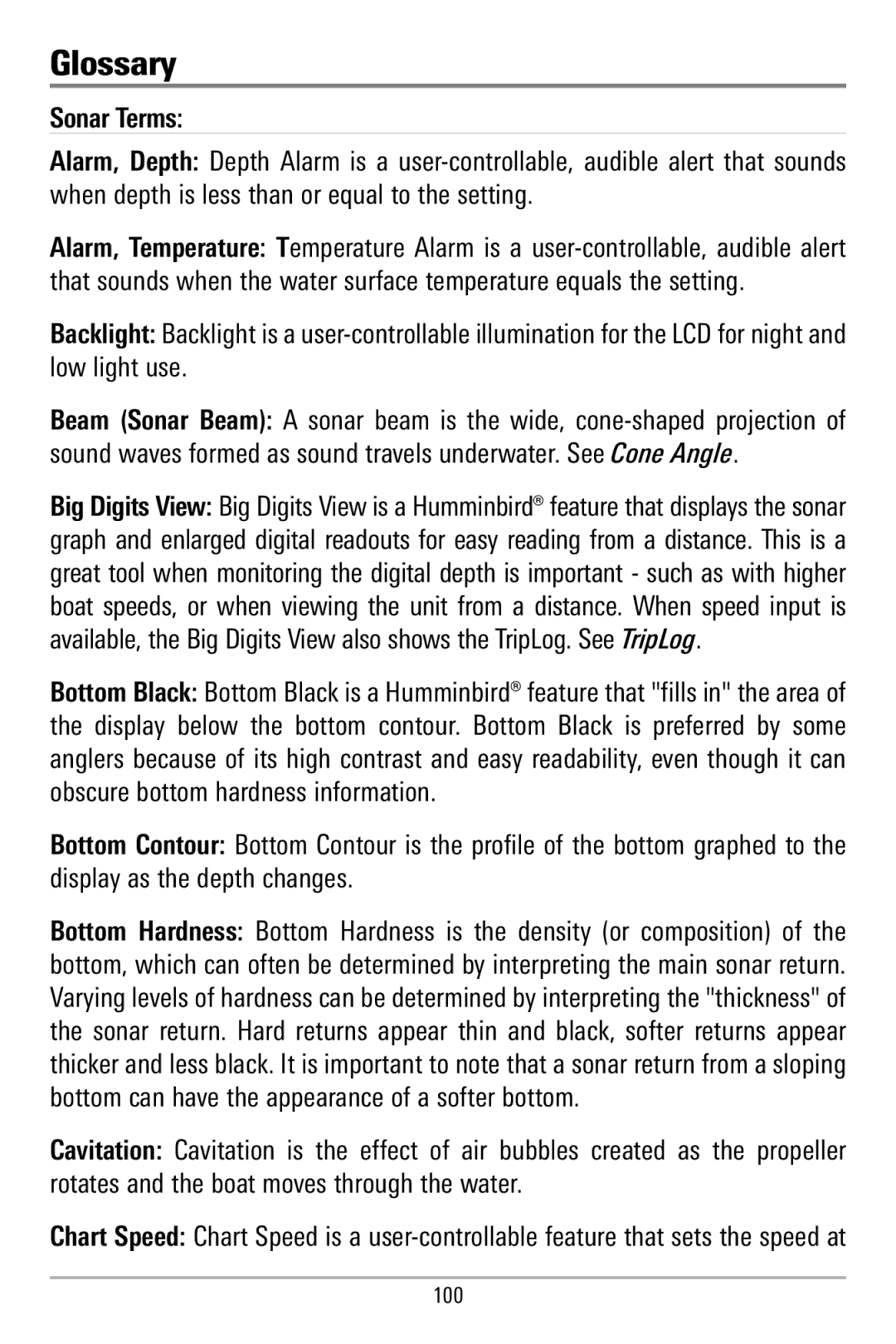 Humminbird 580 manual Glossary, Sonar Terms 