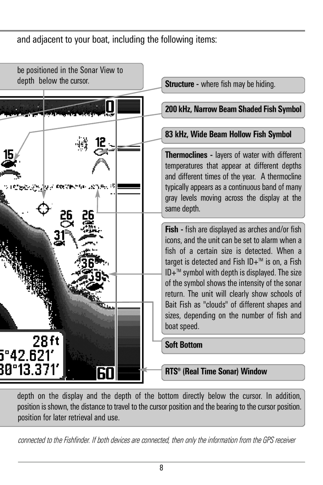 Humminbird 580 manual Adjacent to your boat, including the following items, Structure where fish may be hiding 