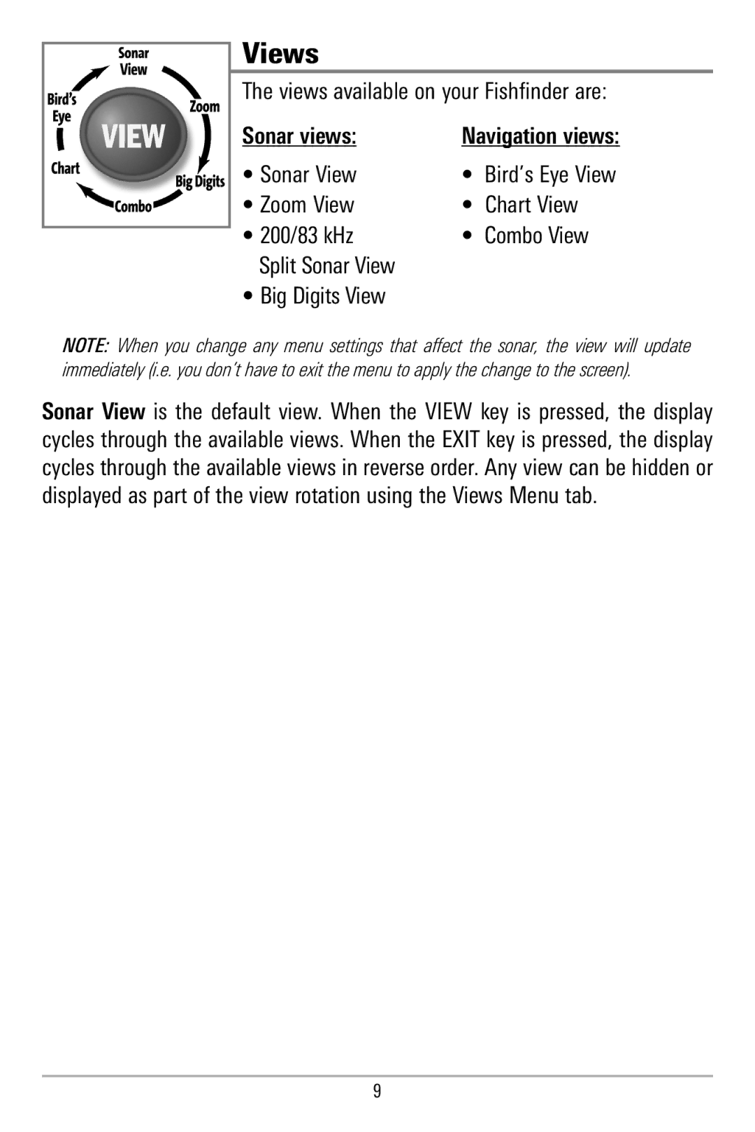 Humminbird 580 manual Views available on your Fishfinder are, Sonar View 