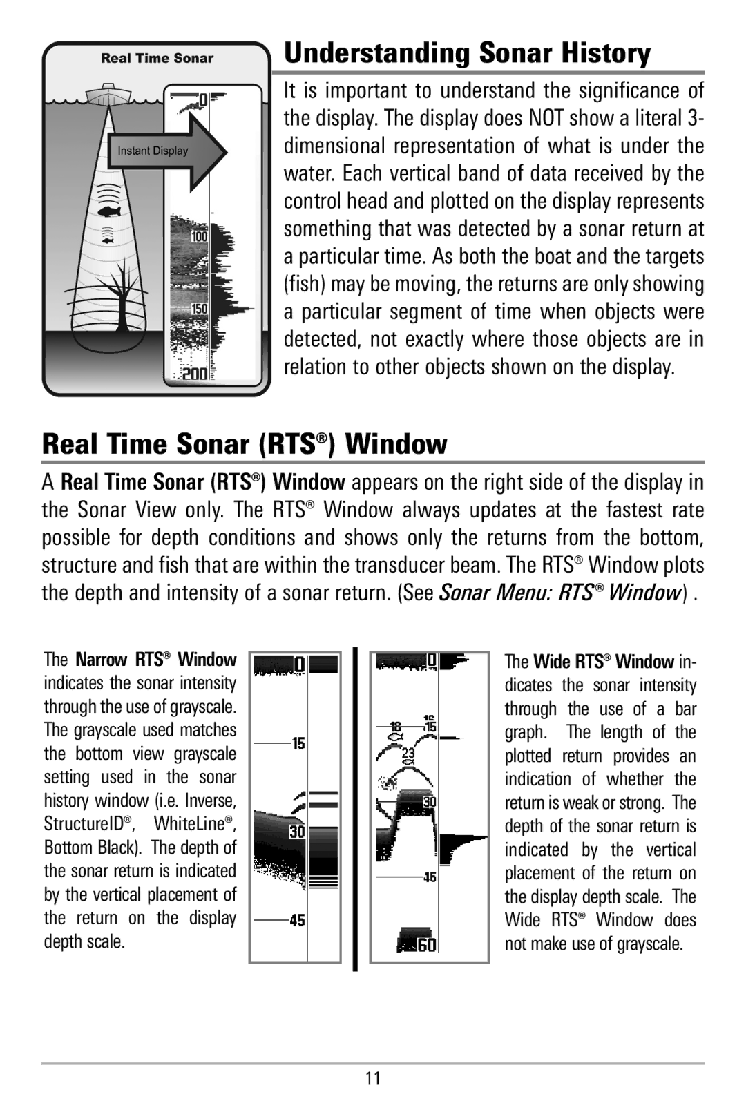 Humminbird 580 manual Understanding Sonar History, Real Time Sonar RTS Window 