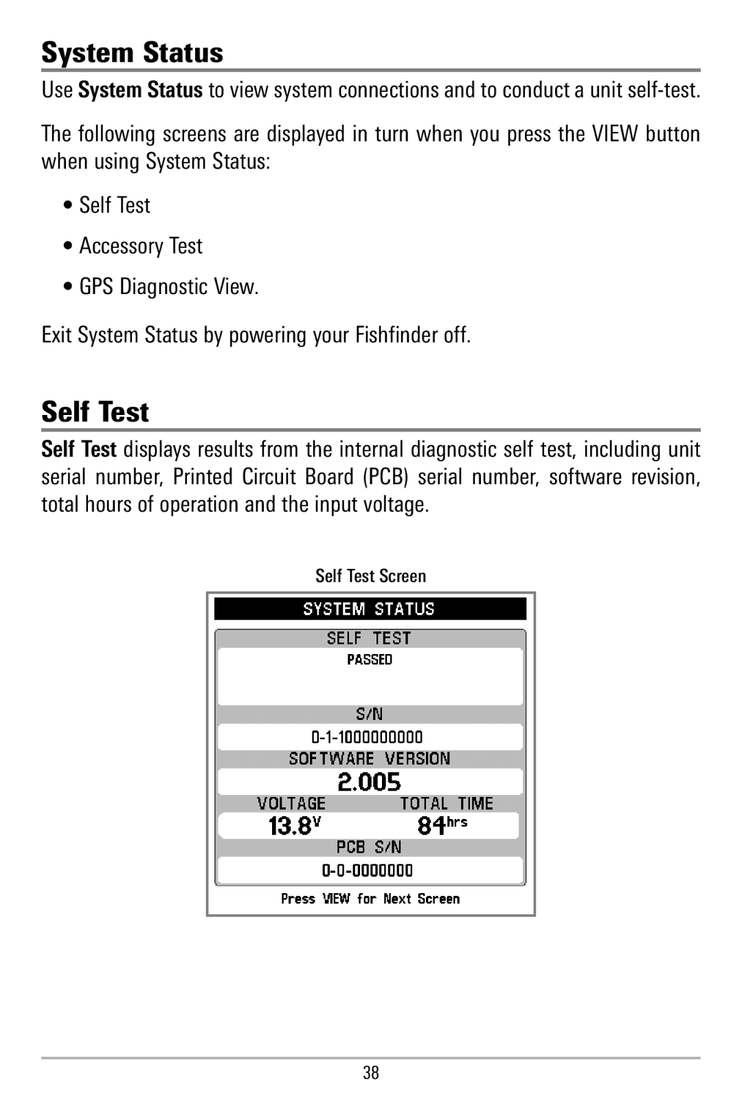 Humminbird 580 manual System Status, Self Test 