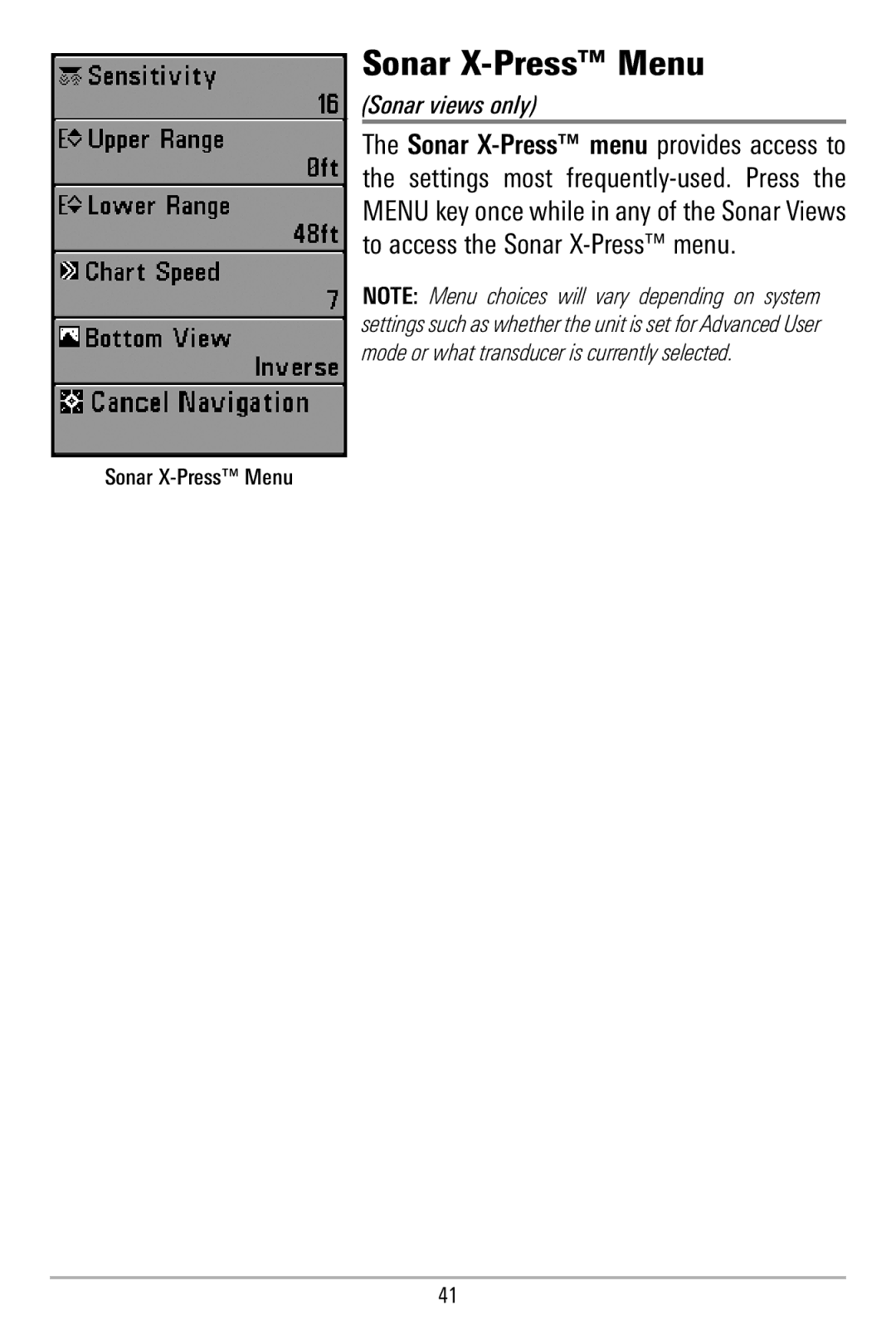 Humminbird 580 manual Sonar X-Press Menu, Sonar views only 