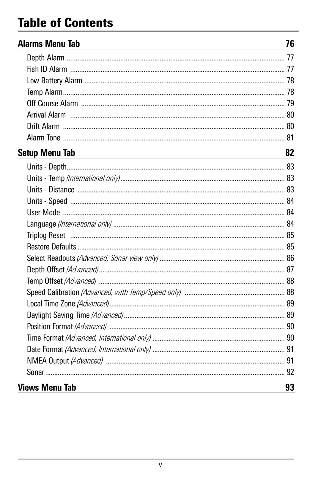 Humminbird 580 manual Alarms Menu Tab, Setup Menu Tab, Views Menu Tab 