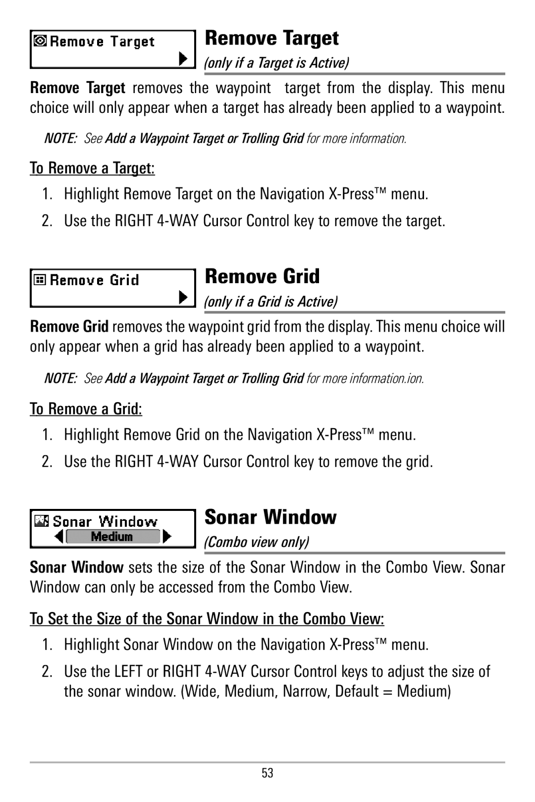 Humminbird 580 manual Remove Target, Remove Grid, Sonar Window 