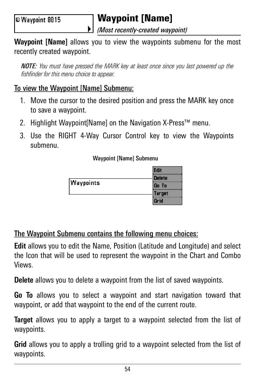 Humminbird 580 manual Most recently-created waypoint 