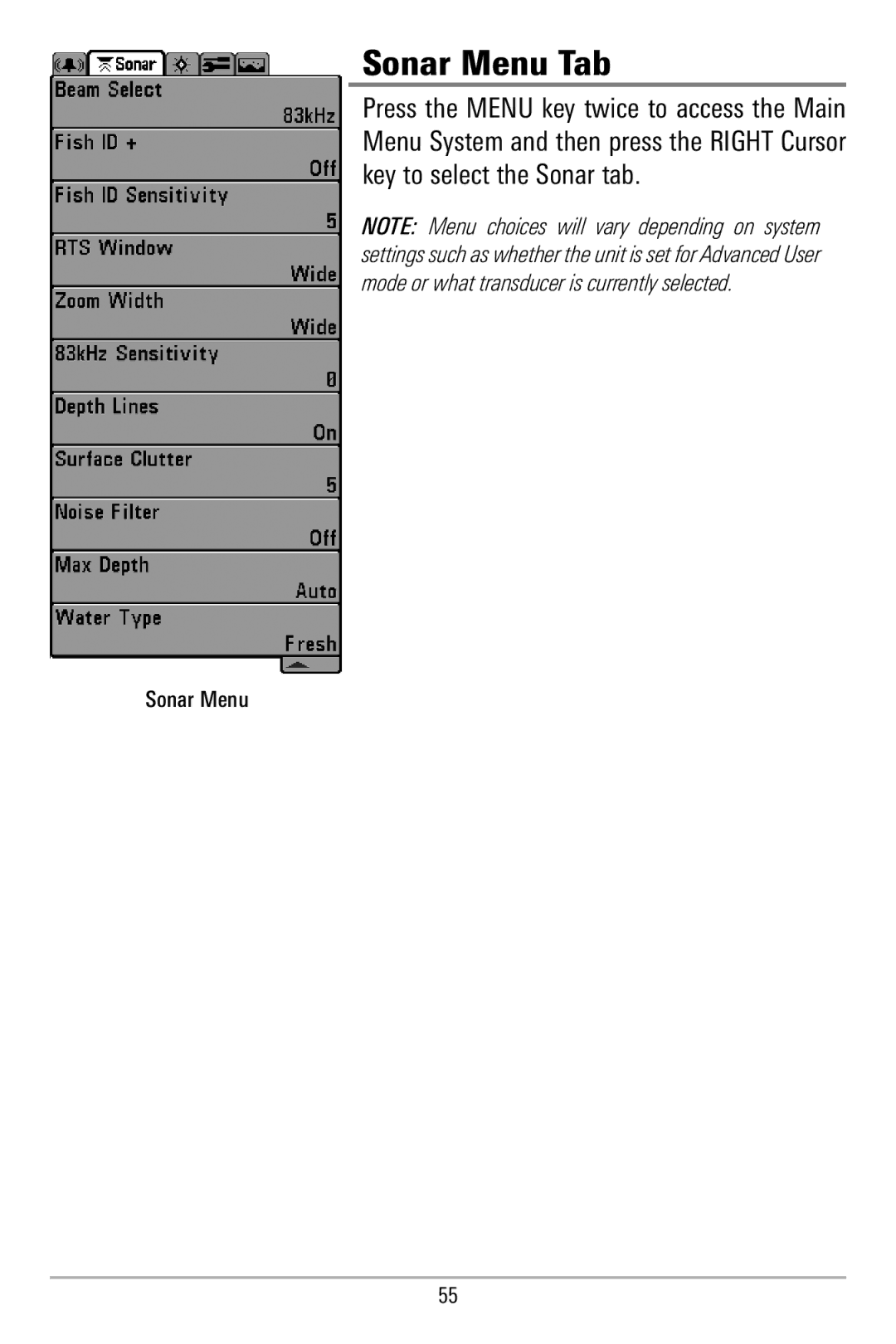 Humminbird 580 manual Sonar Menu Tab 