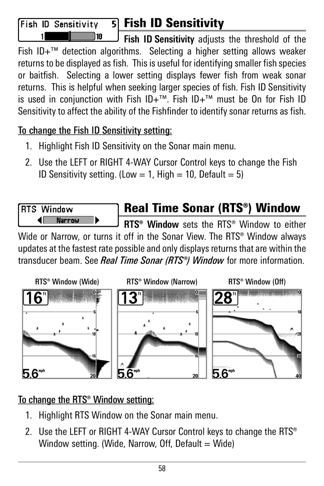 Humminbird 580 manual Fish ID Sensitivity, Real Time Sonar RTS Window 