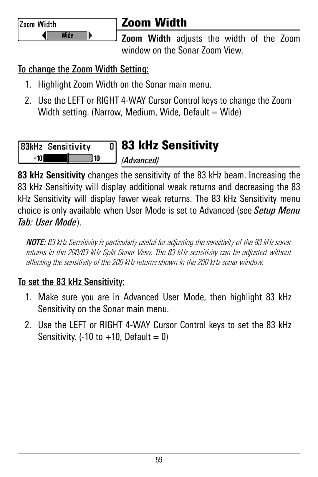 Humminbird 580 manual Zoom Width, KHz Sensitivity 