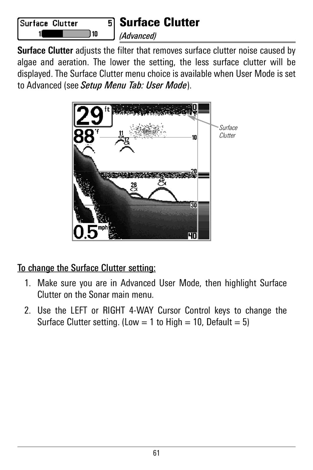 Humminbird 580 manual Surface Clutter 