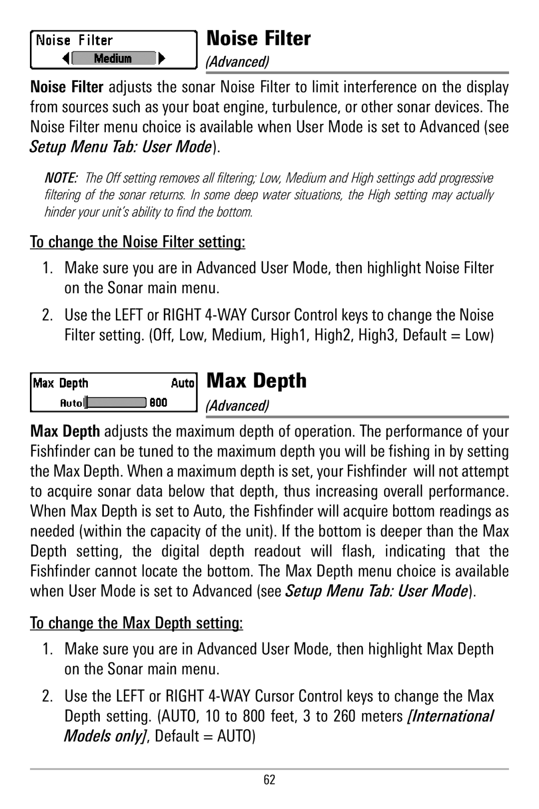 Humminbird 580 manual Noise Filter, Max Depth 