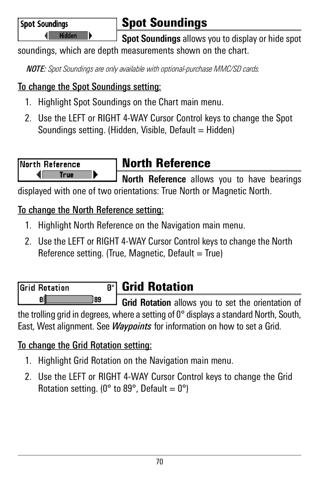 Humminbird 580 manual Spot Soundings, North Reference, Grid Rotation 